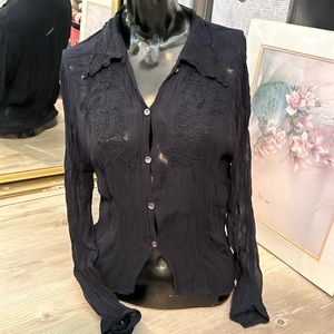 🌺 Black Embroidered Transparent Stretchy Nylon Button Down Collared Blou…